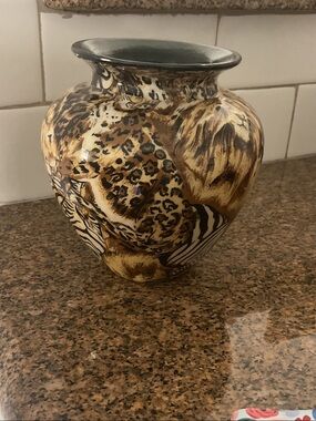 Vintage La Vie safari patchwork Ceramic collage Vase